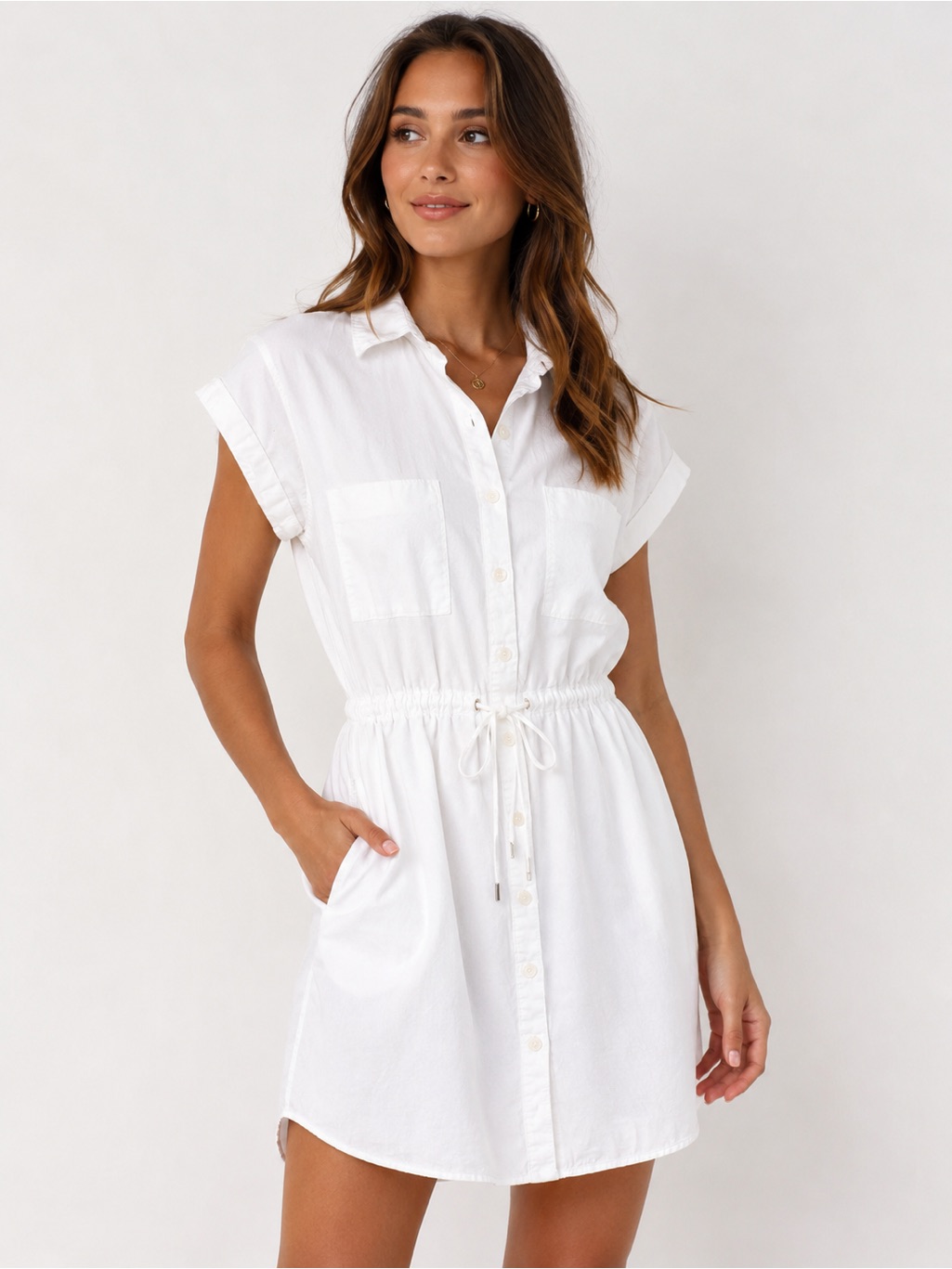 Paige White Button-Front Drawstring Swim Coverup-Never Worn